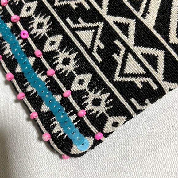Aztec Boho Embellished Beaded Sequin Tassel Cotton Envelope Clutch Purse Bag - Picture 8 of 11